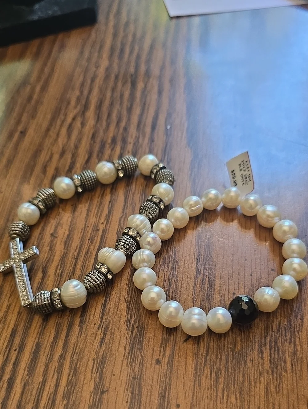 NWT Pearl Bead Stretch Bracelet Set with Cross Accent - White and Silver